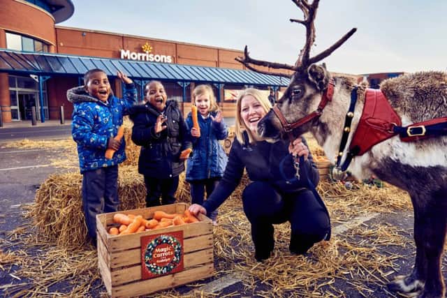 Morrisons' supermarkets across the UK will be giving away 200,000 wonky carrots in an effort to support the Christmas tradition of leaving out refreshments for Father Christmas and his  reindeers on Christmas Eve. Morrisons'  plant manager Jessica Lawson is pictured feeding the reinder  Photo:  Mikael Buck / Morrisons