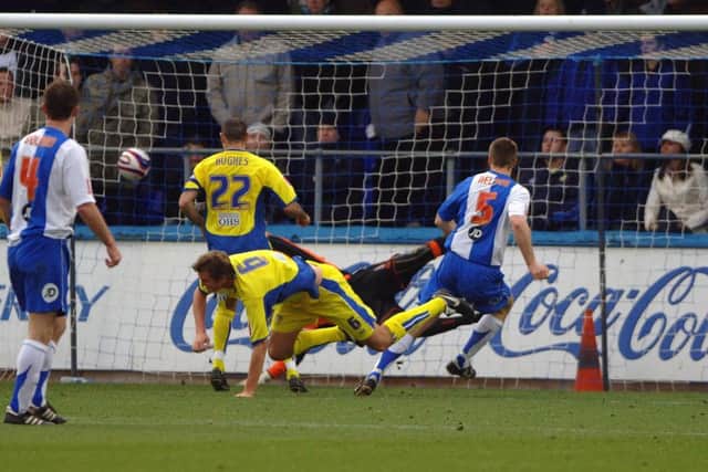 Hartlepool's Michael Nelson (right) scores against Leeds United on Boxing Day 2007.