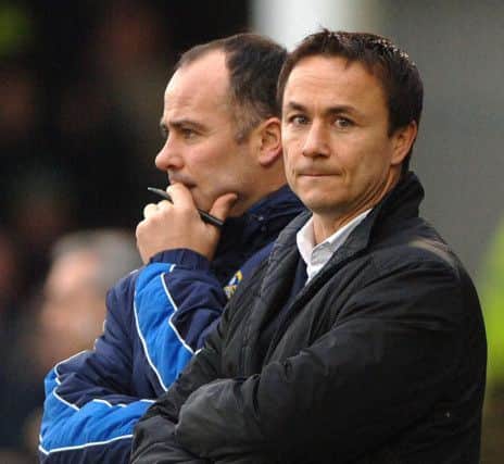 Leeds United manager Dennis Wise and coach John Gannon at Hartlepool on Boxing Day 2007.
