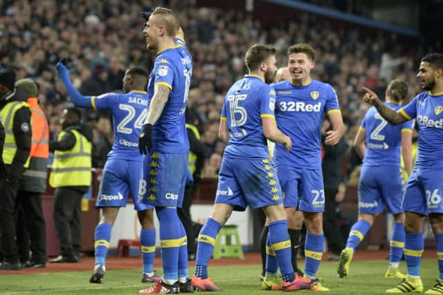 Pontus Jansson celebrates his opening goal in front of the travelling fans.
 Picture: Bruce Rollinson.
