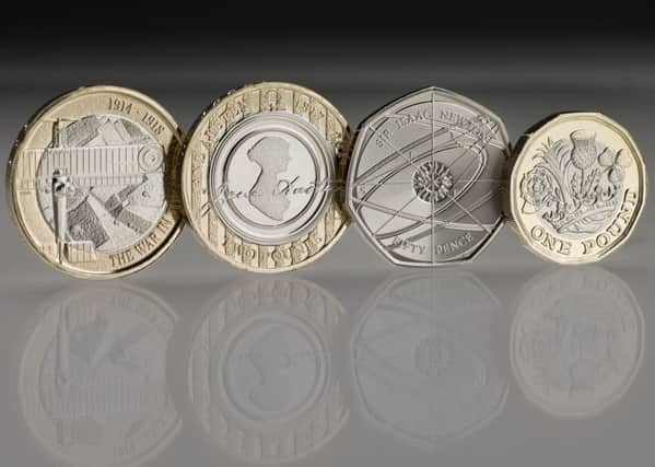 The 12-sided Â£1 coin with other 2017 Royal Mint designs the First World War Aviation Â£2 coin, Jane Austen Â£2 coin and the Sir Isaac Newton 50p.