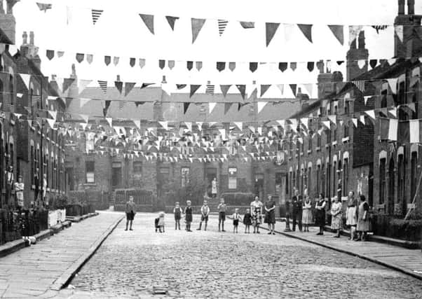 Leeds: 1945. Street decorated with bunting, part of the Victory Celebration for the end of the Second World War in 1945. location unknown.