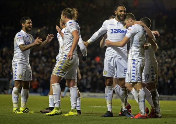 Leeds United's players celebrate Chris Wood's second goal against Rotherham United.