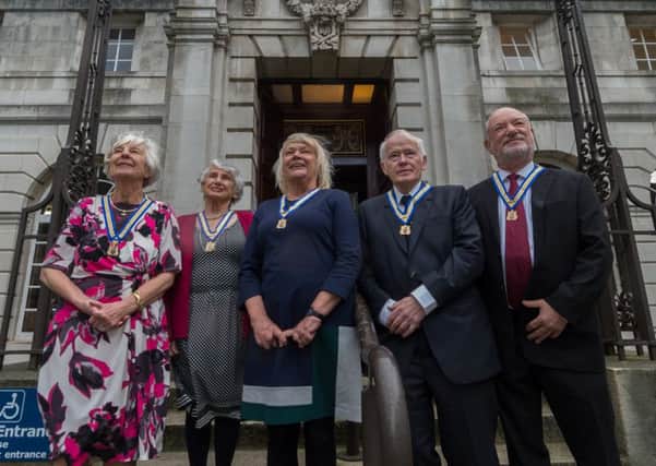 Date: 11th January 2017. Picture James Hardisty. 
Five Leeds City Councillors have been honoured for their long services and between them they have clocked up 75 years of service. Pictured (left to right) Janet Harper, Doreen Lewis, Ann Castle, David Schofield, and Ron Millet.