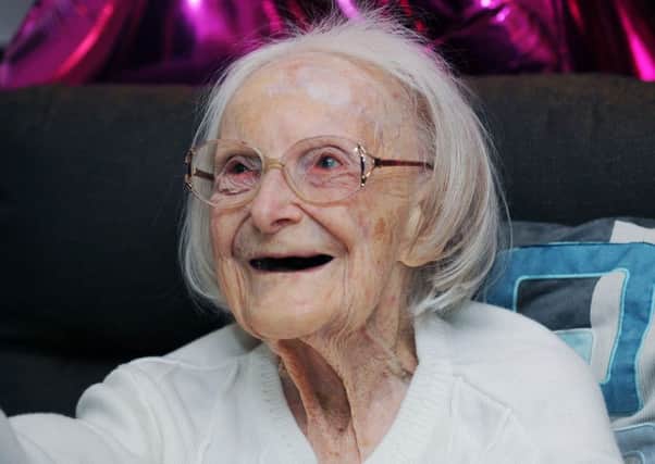 Resident Beryl Turner celebrating her 106th birthday at Aire View Care Home in Kirkstall. 
 13th January 2017.
Picture : Jonathan Gawthorpe