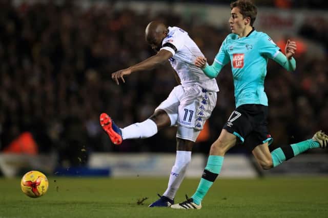 Leeds United's Souleymane Doukara (left) attempts a shot during tonight's clash with Derby County at Elland Road. Picture: Mike Egerton/PA