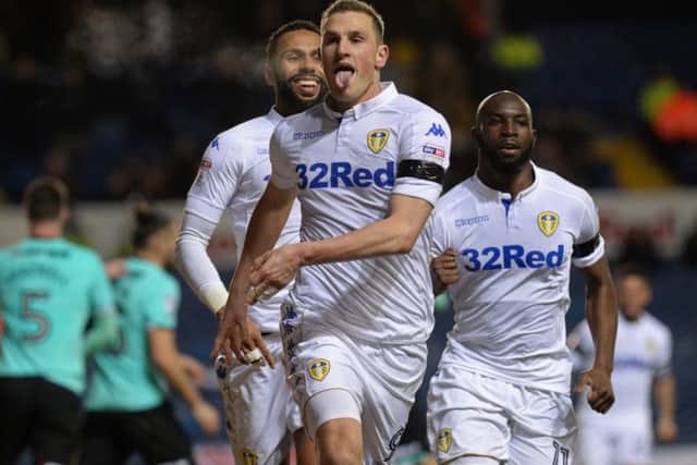 Chris Wood celebrates his winning goal against Derby County.
 Picture: Bruce Rollinson