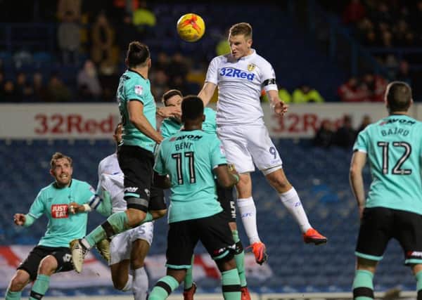 Chris Wood heads in Leeds' winning goal. Picture: Bruce Rollinson