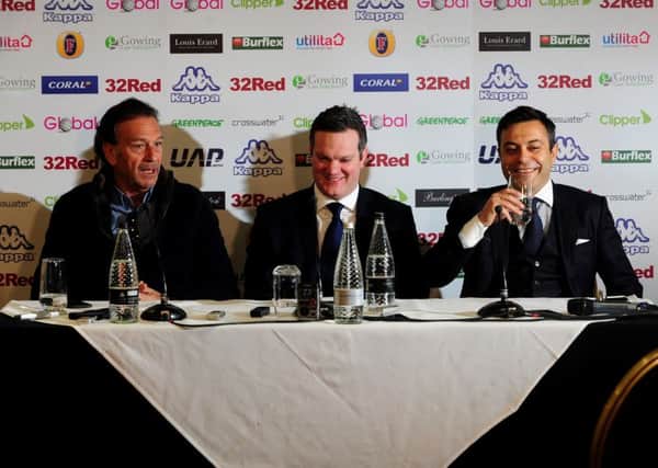 Leeds United co-owners Massimo Cellino, left and Andrea Radrizzani pictured at the press conference at Elland Road. Massimo Cellino is pictured with chief executive Ben Mansford, centre.