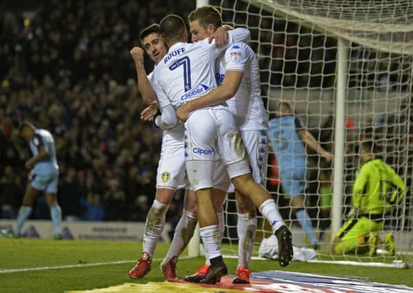 Chris Wood celebrates his second goal against Rotherham United with Pablo Hernandez and Kemar Roofe.
 PIC: Bruce Rollinson