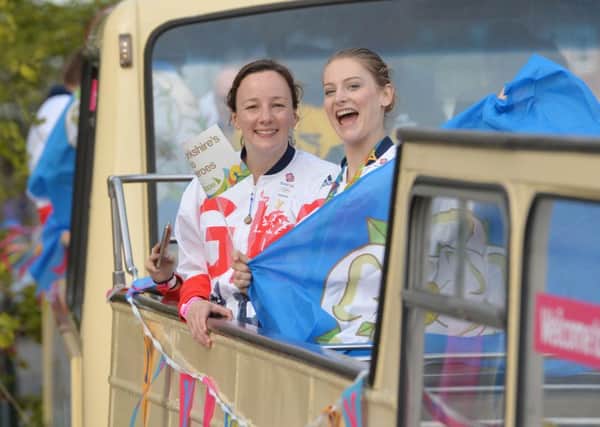 CHAMPION: Rebecca Gallantree (right) at the Rio Heroes parade with trampolinist Bryony Page.
