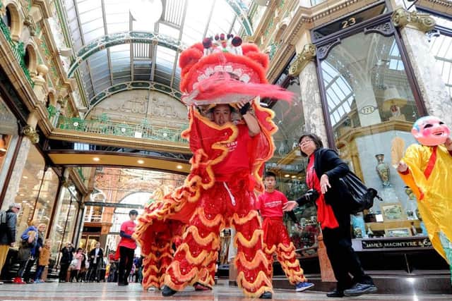 Date:7th February 2016. Picture James Hardisty.
Leeds Chinese Community Association Lion Dance Troupe, welcoming the Chinese New Year 2016 of the Monkey, during ceremony inside the Victoria Quarter, Leeds.