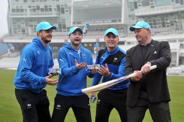 27 January 2017 ....... Mike Fraine, Head of Froneri UK joins Yorkshire players Jack Brooks, Adam Lyth and club captain Gary Ballance to launch Maxibons T20 sponsorship  for the 2017 NatWest T20 Blast competition. The brand owner of Maxibon is North Yorkshire-based Froneri  the worlds third largest ice cream manufacturer. Picture Tony Johnson