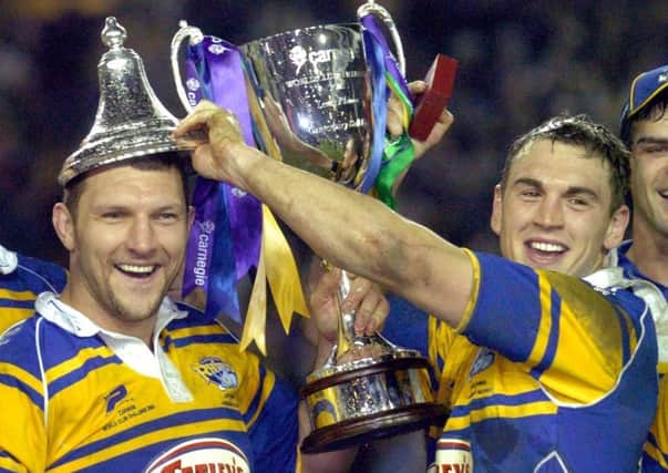 Barrie McDermott and Kevin Sinfield celebrate their World Club Challenge win over Canterbury in 2005.