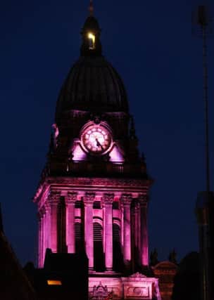 Leeds Town Hall turns pink for the start of LBGT History Month. Picture by Simon Hulme