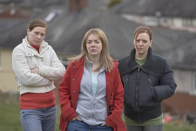 Sian Brooke as Natalie Brown, Sheridan Smith as Julie Bushby, Gemma Whelan as Karen Matthews.  PIC: PA