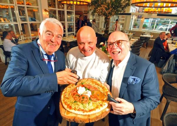2 February 2017......    Celebrating San Carlos Flying Pizza in Roundhay 40th birthday, founding owner Adriano Piazzaroli,  Celebrity Chef Aldo Zilli and current owner Carlo Distefano. Picture Tony Johnson.