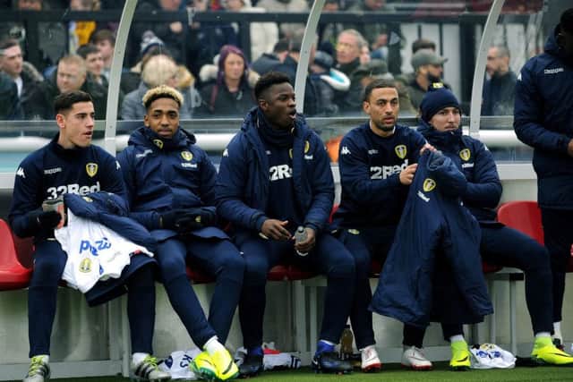 Leeds United's substitutes, from left, Jack Vann, Mallik Wilks, Hadi Sacko, Kemar Roofe and Luke Ayling.
PIC: Jonathan Gawthorpe