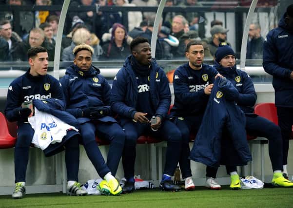Leeds United's substitutes, from left, Jack Vann, Mallik Wilks, Hadi Sacko, Kemar Roofe and Luke Ayling.
 PIC: Jonathan Gawthorpe