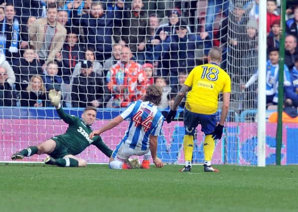 5 February 2017......   Huddersfield Town v Leeds United. Picture Tony Johnson.
 Michael Hefele scores the winning goal for Town.