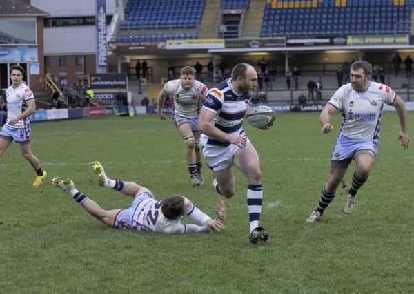 Stevie McColl scoring a try for Yorkshire Carnegie in the win over Rotherham Titans. PIC: Steve Riding