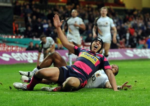 Ben Jones Bishop is brought down for a penalty try to complete his hat-trick against Bradford at the Millennium Stadium.