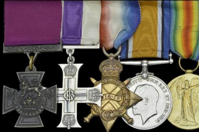The decorations and medals awarded to George Sanders. From left to right:

Victoria Cross, Military Cross, 1914-15 Star, British War Medal
