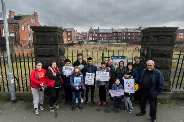 A group of community campaigners from Hyde Park, Leeds, protesting at the gates of the former Royal Park Primary School, Queen's Road, Hyde Park, Leeds, to send a message to Leeds City Council that this area of Leeds, is in need of a Sports and community Centre's and hoping that the council will turn part of this area into a community garden for residents to enjoy. Picture: James Hardisty