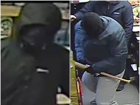 Two men wearing face coverings entered the store carrying a baseball bat and machete.