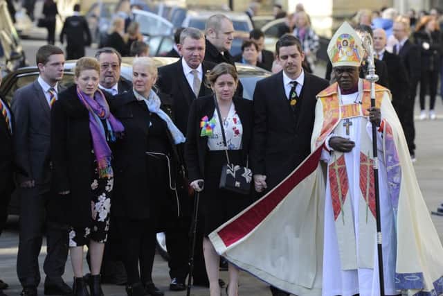 Katie's parents, Paul and Alison Rough (second and third right), arrive at York Minster with the Archbishop of York Dr John Sentamu for her funeral service.