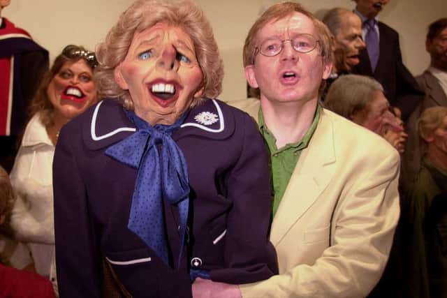 Margaret Thatcher with the man who did her voice, Steve Nallon, as Spitting Image puppets are displayed for auction at Sotheby's in London Friday 7 July 2000.  More than 200 puppets and 100 sketches from the Spitting Image show are being sold by Sotheby's on behalf of one of its creators Roger Law at www.sothebys.amazon.com over a fortnight. See PA story SALE Spitting. PA photo: Toby Melville.