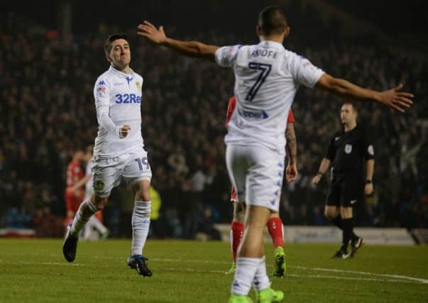 Pablo Hernandez celebrates scoring Leeds United's second goal with Kemar Roofe. PIC: Bruce Rollinson