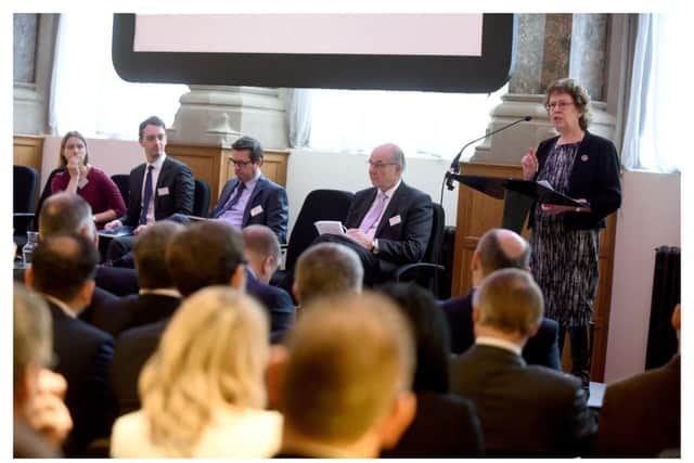 Coun Judith Blake addresses a breakfast event at Aspire in Leeds, which had the title Transport and Infrastructure: What's Next for Leeds? Photo: Steve Bootle