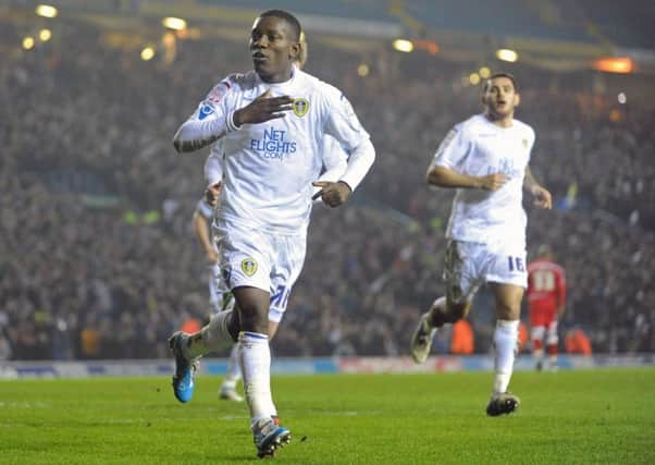 Max Gradel celebrates his penalty putting Leeds 2-1 up against Barnsley in 2011. PIC: Bruce Rollinson