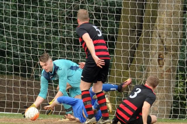 Stanley United goalkeeper Corey Holdgate takes control. PIC: Steve Riding