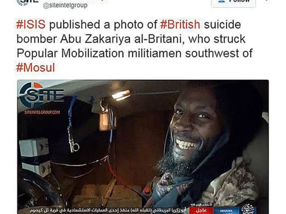 Screen grabbed image taken from the Twitter feed of SITE Intel Group of British Islamic State fighter, named by the group as Abu Zakariya al-Britani, who is believed to have carried out a suicide bombing in Iraq and was a former Guantanamo Bay detainee, according to reports.