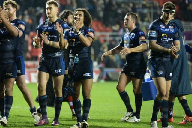 Leeds Rhinos' players applaud their travelling fans at 
Leigh Centurions. Picture: Bruce Rollinson