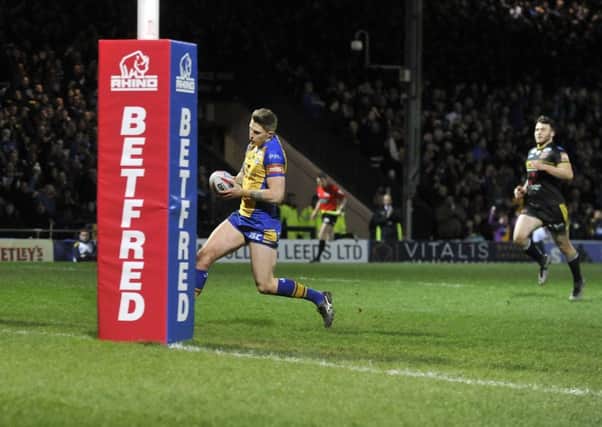 Liam Sutcliffe scoring the winning try against Salford. PIC: Steve Riding