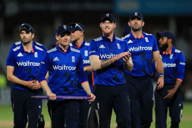 England's Ben Stokes (right) and Eoin Morgan celebrate an ODI at Trent Bridge in August last year. PRESS ASSOCIATION Photo. Picture : PA.