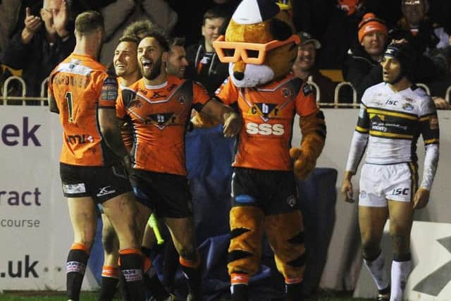 Castleford's Luke Gale celebrates his try against Leeds Rhinos on Thursday night. Picture: Steve Riding.