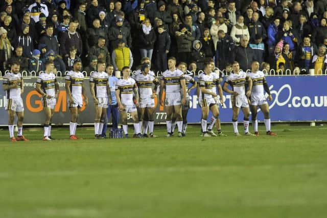 HUMILIATING: Leeds Rhinos players show their dismay during Thursday night's 66-10 defeat to Castleford Tigers. Picture: Steve Riding.