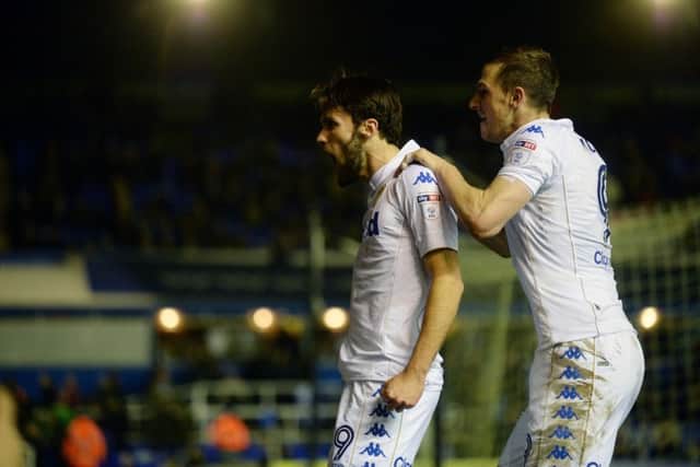 Alfonso Pedraza celebrates scoring Leeds United's third goal with Chris Wood.
  Picture Bruce Rollinson