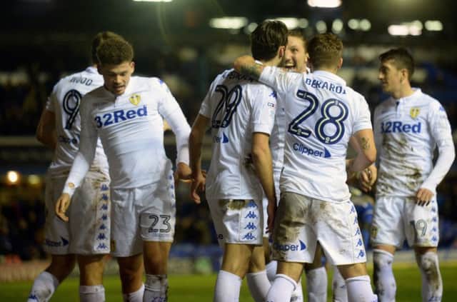 Alfonso Pedraza celebrates scoring Leeds United's third goal .
against Birmingham City at St Andrews.  Picture: Bruce Rollinson