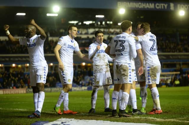 Leeds United celebrate Alfonso Pedraza scoring the visitors' third goal at 
Birmingham City  Picture: Bruce Rollinson
