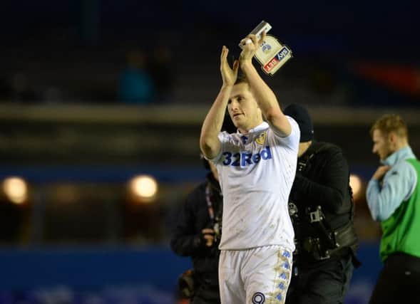 Man of the match Chris Wood applauds the Leeds United fans at full time at St Andrews. Picture Bruce Rollinson