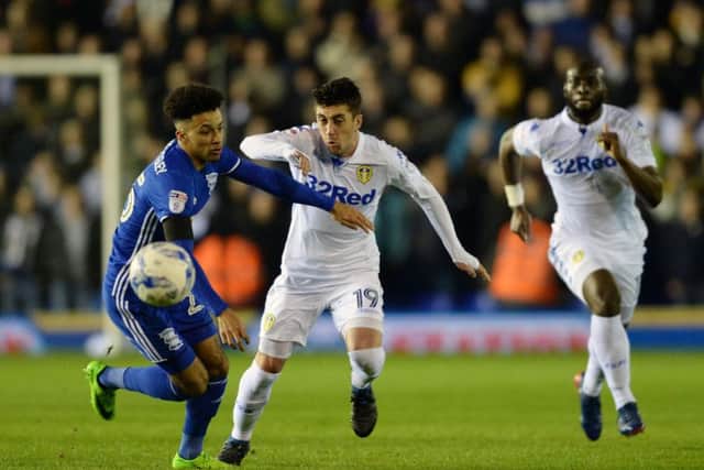 Birmingham's Josh Dacres-Cogley and Leeds's Pablo Hernanadez battle for the ball. at St Andrews Picture: Bruce Rollinson