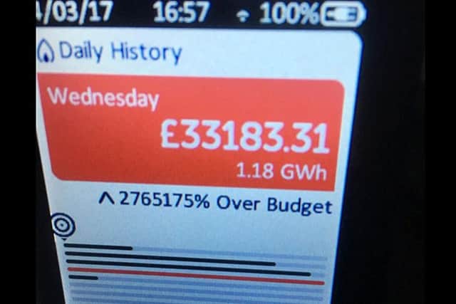 A photo from a tweet by @MarkUmpl of his malfunctioning SSE smart meter. Big Six provider SSE said it had launched an urgent investigation into the errant devices, one of which warned a customer they had bust their daily budget by nearly three million per cent.