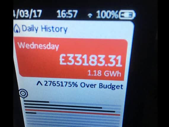 A photo from a tweet by @MarkUmpl of his malfunctioning SSE smart meter. Big Six provider SSE said it had launched an urgent investigation into the errant devices, one of which warned a customer they had bust their daily budget by nearly three million per cent.