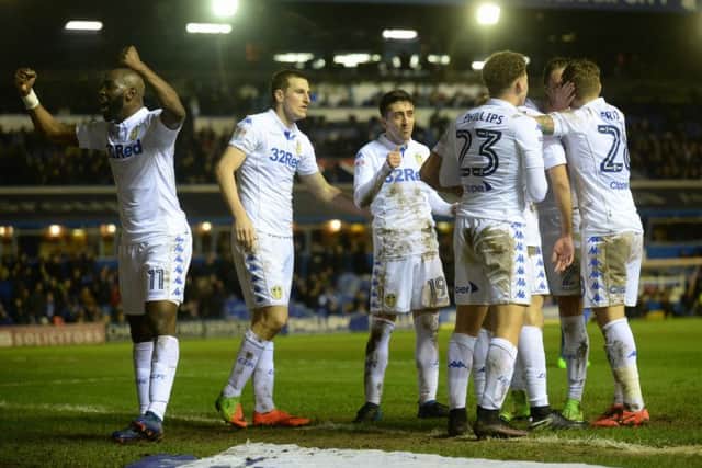 Leeds United's players celebrate Alfonso Pedraza's goal at Birmingham.