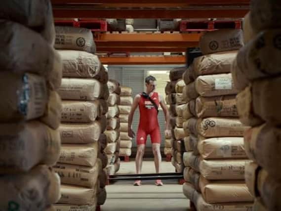 Alistair Brownlee in the Yorkshire Tea distribution warehouse